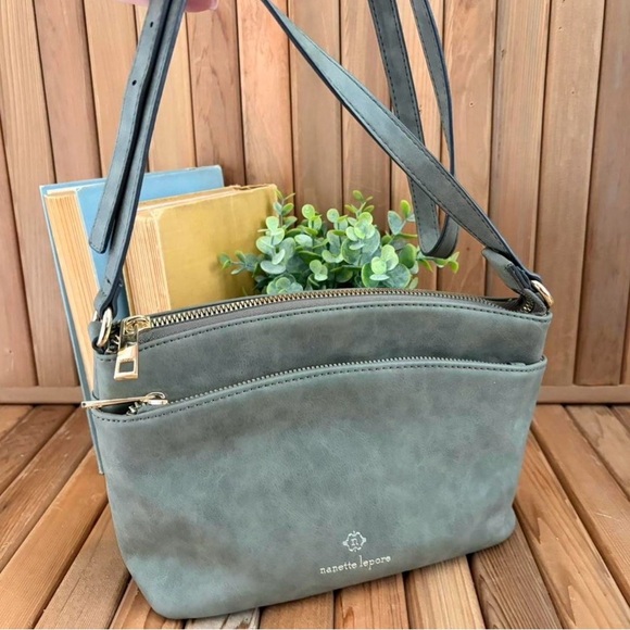 Nanette Lepore Handbags - Nanette Lepore Olive Green Everyday Crossbody Bag Double Zip Leopard Lining